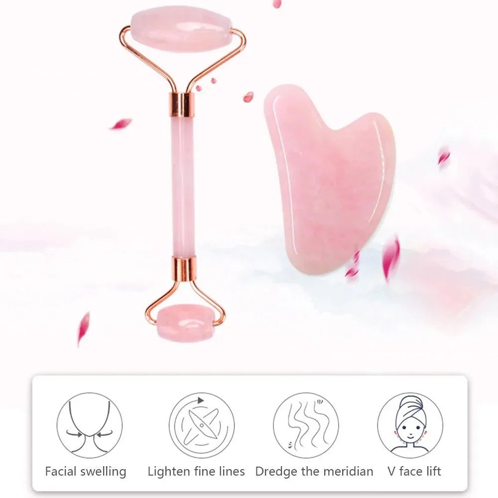 Natural Rose Facial Roller Massager Jade Guasha Scraping Board
